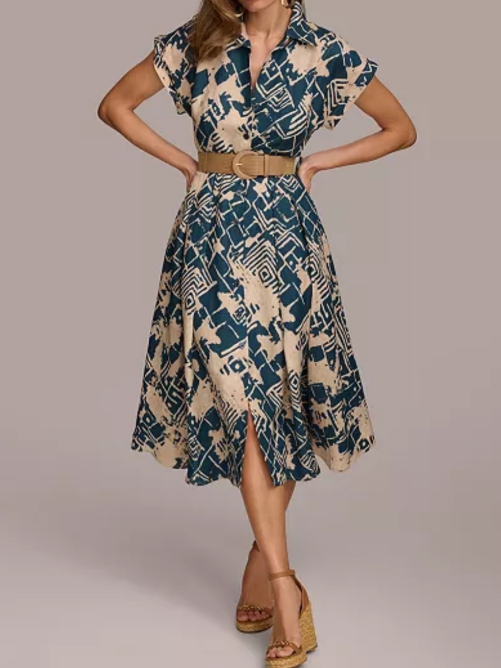 Teal and Beige Printed Shirt Dress with Belt